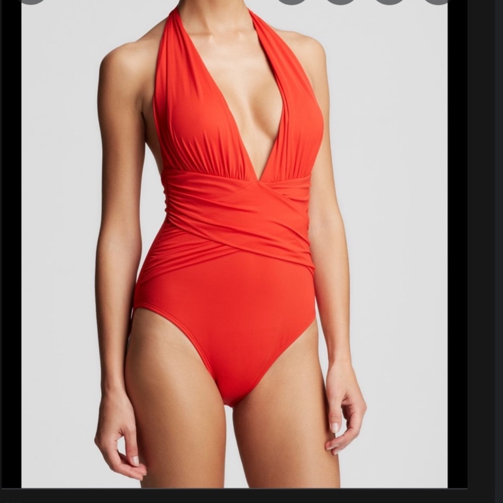 LA BLANCA NAVY ISLAND GODDESS PLUNGE HALTER ONE-PIECE SWIMSUIT